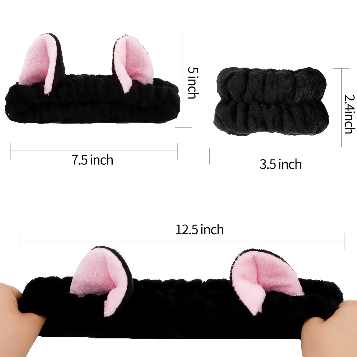 WHAVEL 3PCS Spa Headband and Wristband Set, Cute Cat Ears Headband for Washing Face Makeup Head band(Black)