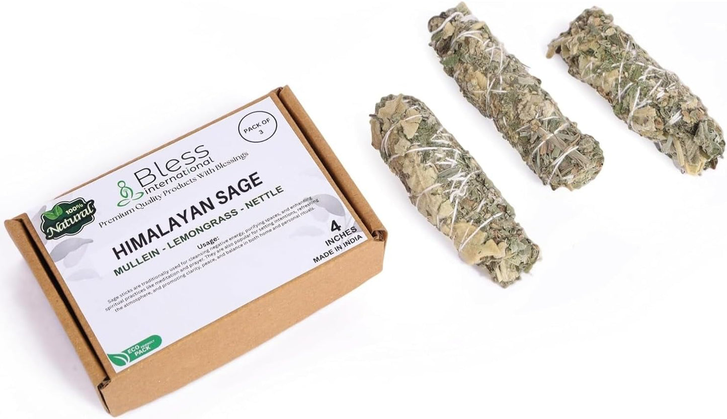 Bless-International Himalayan-Sage-Mullein-Nettle-Lemongrass-Incense Premium-100%-Natural-and-Organic Handcrafted-4-Inches-Long Used-for-Home-Cleansing-Meditation-Smudging-Rituals
