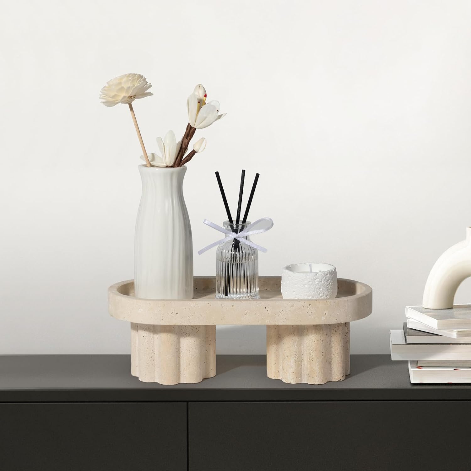 Natural Beige Travertine Oval Tray with Two Legs - 10 Inch Elegant Vanity Decor, Desk Organizer for Perfume, Jewelry & Candle Holder | Durable Stone Serving Tray