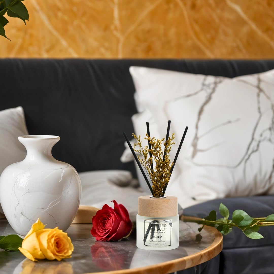 Vanilla Scented Reed Diffuser Set (200ml) with 4 Reed Sticks, Home Fragrance Scented Diffuser for Bathroom Shelf Office Decor & Gifts