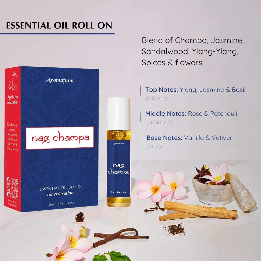Nag Champa Essential Oil Roll-On Blend by Aromafume | 10ml | Made with Sandalwood, Jasmine, Ylang Ylang & Champa Flower extracts | Ideal for Meditation & Rituals