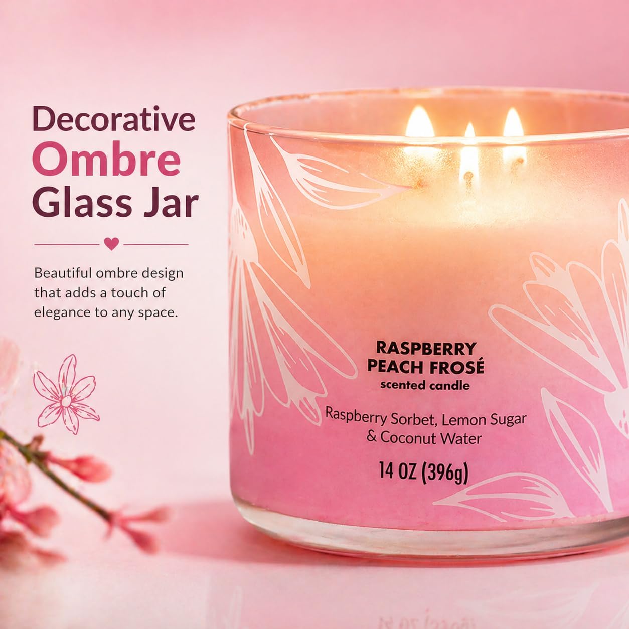 3 Wick Scented Candle, 14 oz, Ombre Glass Jar, Raspberry Peach Fragrance, Decorative for Living Room, Bedroom, and Gift