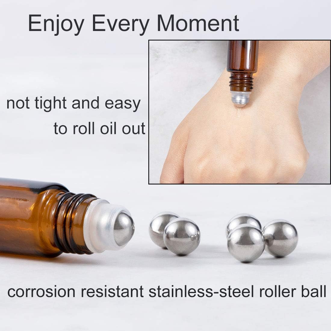 6Pcs 10ml Essential Oil Roller Bottles, with Stainless Steel Roller Balls, 10ml Amber Glass Roll on Bottles for Essential Oils, 1 Extra Roller Ball, 6 Labels, 1 Openers, 2 Droppers Included
