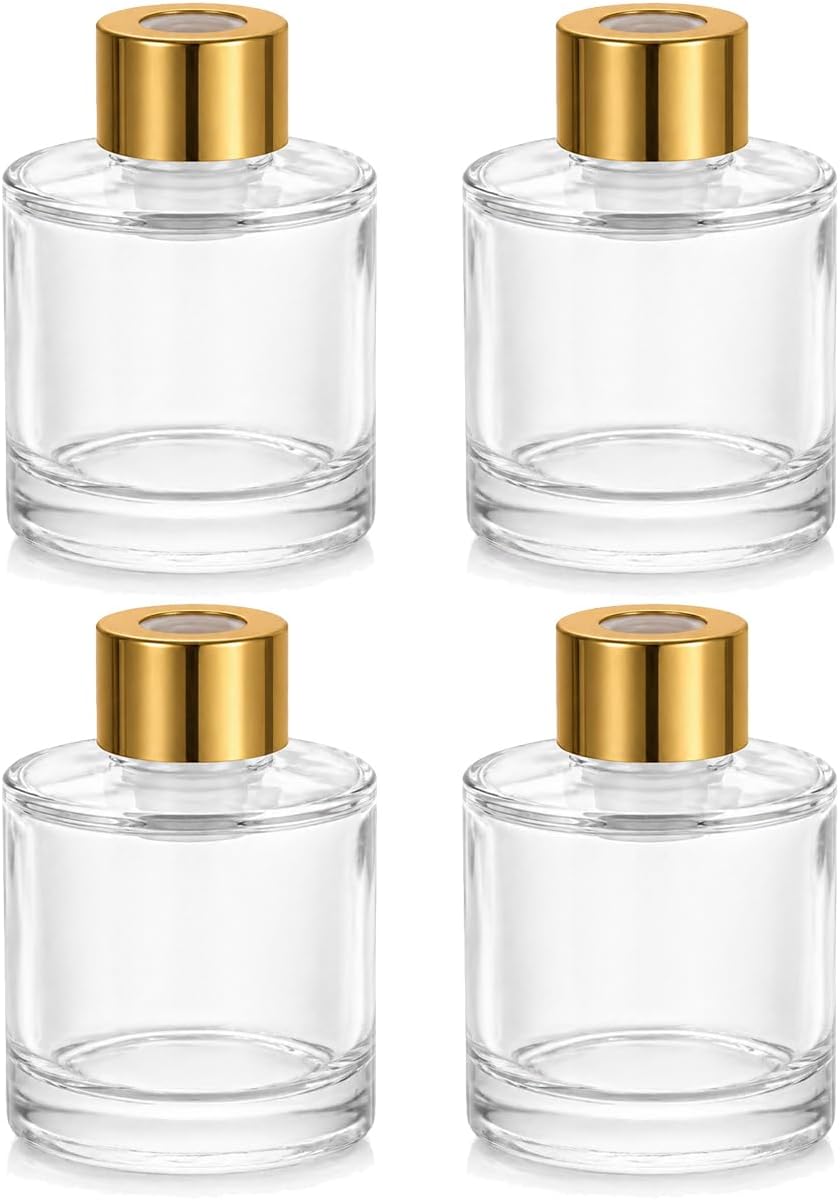 50ml Clear Glass Reed Diffuser Bottles Set of 4 Empty Aromatherapy Bottles with Gold Cap, Round Essential Oil Diffuser Container for Home Fragrance, DIY Scent, Bathroom, Office Decor