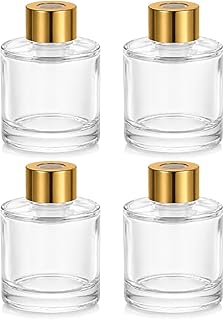50ml Clear Glass Reed Diffuser Bottles Set of 4 Empty Aromatherapy Bottles with Gold Cap, Round Essential Oil Diffuser Container for Home Fragrance, DIY Scent, Bathroom, Office Decor
