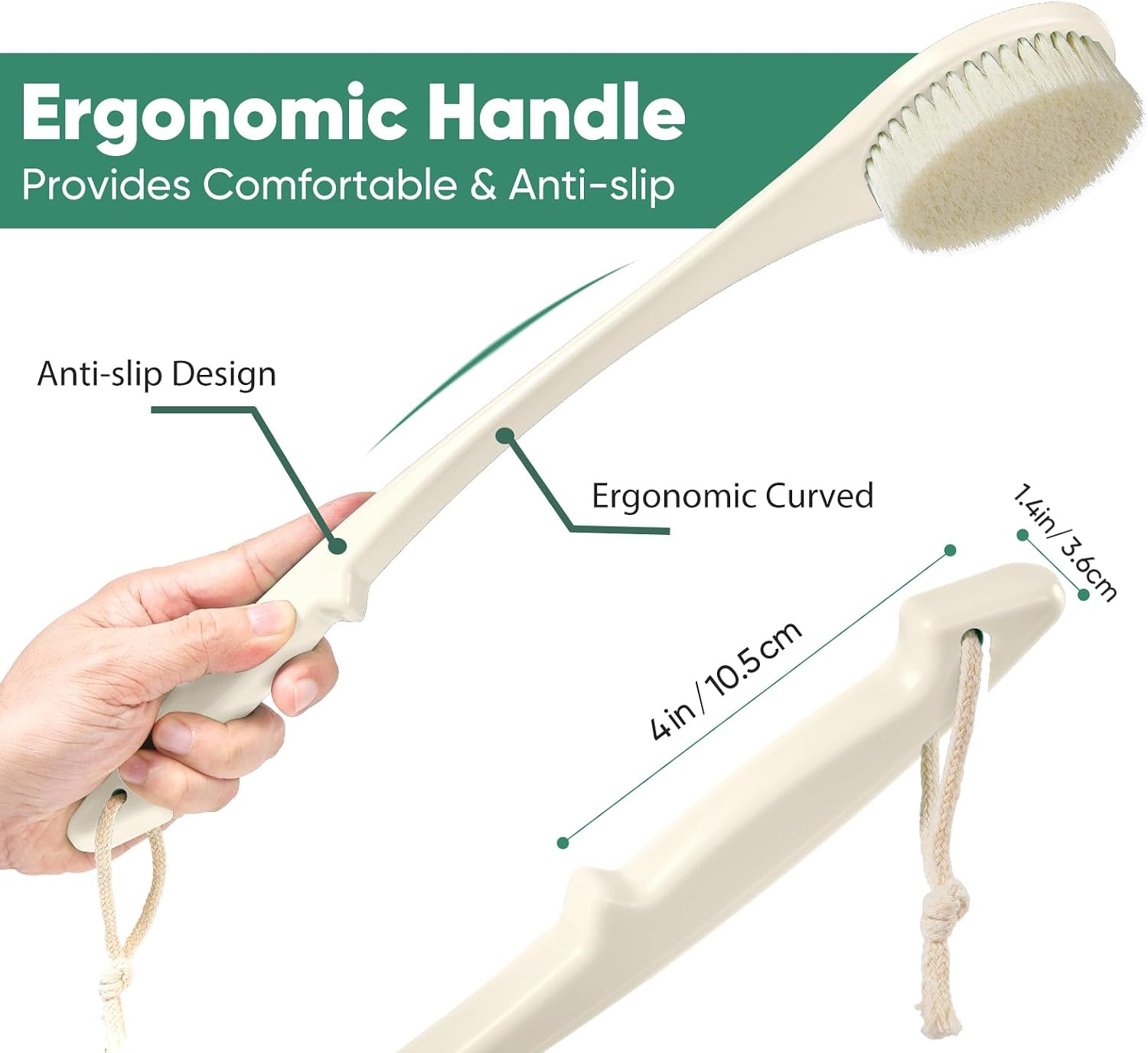 Back Scrubber for Shower, 17-Inch Shower Brush for Men and Women, Long Handle Exfoliating Body Brush, Medium Bristle Stiffness for Dry or Wet Brushing (Cream White)