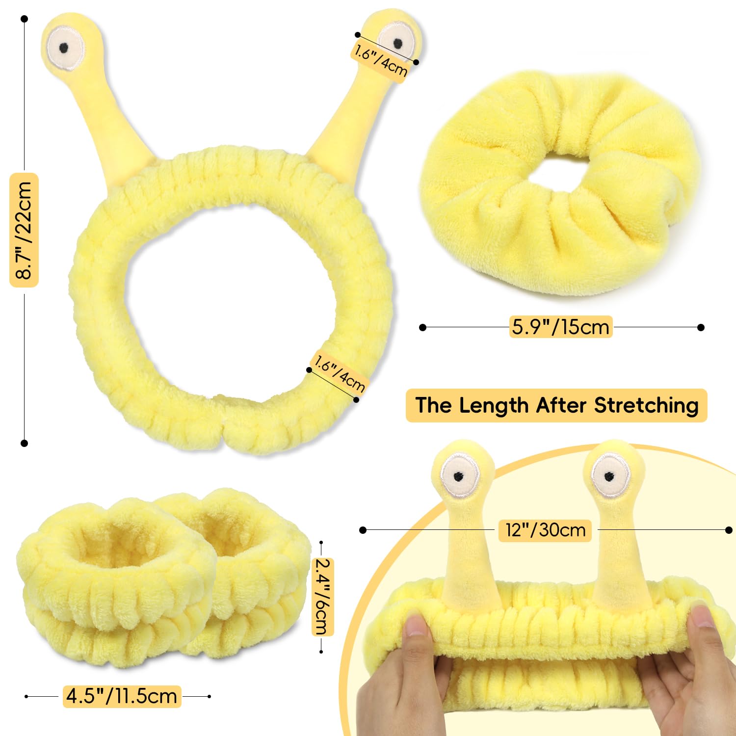 Face Wash Headband, Skincare Wrist Bands for Washing Face Set Spa Hair Bands Gift for Women Girls with a Hair Scrunchie, Cute Yellow snail tentacle Elastic Headband, for Face Washing Makeup Skincare