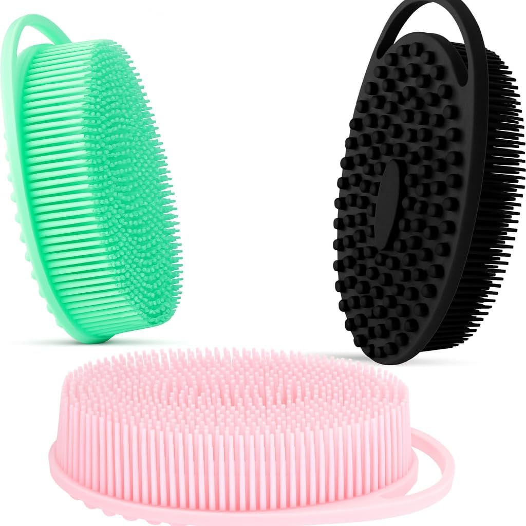 Silicone Body Scrubber 3-Pack – 2-in-1 Shower Exfoliating Brush with Handle, Gentle & Durable Loofah Alternative – Black, Green, Pink