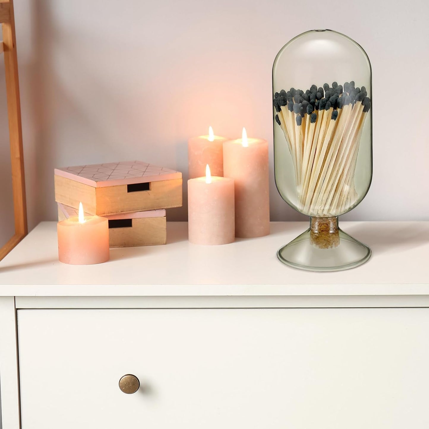 Teenyyou Smoke Grey Glass Match Cloche Holder Decorative Matches Jar Trendy Fireplace Display Decor, Not Include Sticks(7 x 2.95 Inch)