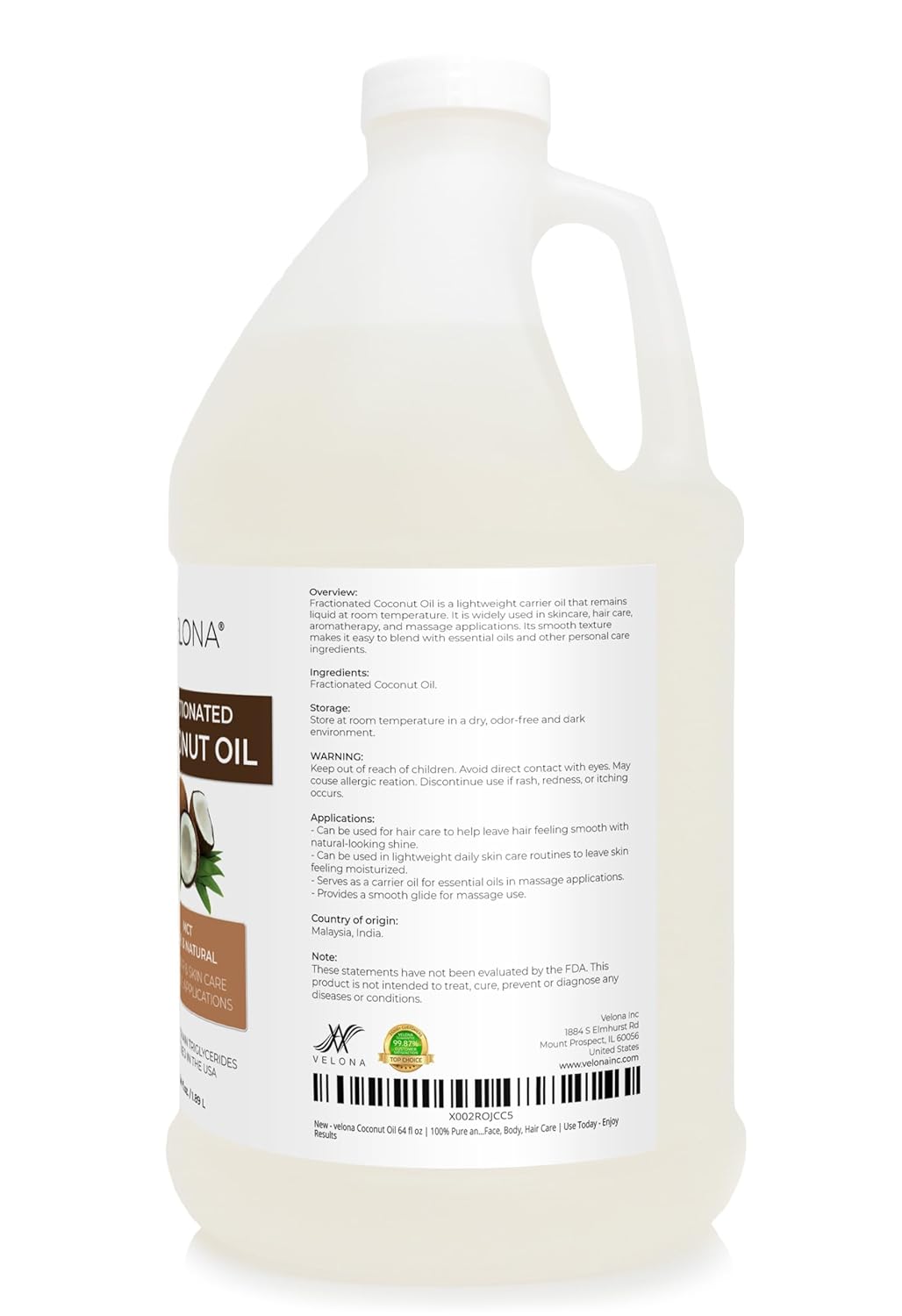 velona MCT Coconut Oil 64 Fl Oz | 100% Pure and Natural Carrier Oil | Fractionated | Skin, Face, Body, Hair Care | Use Today - Enjoy Results