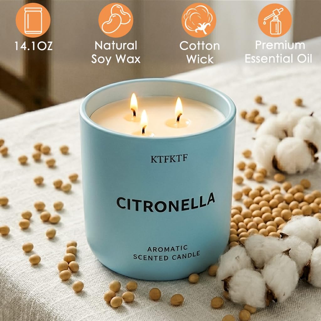Citronella Candles Outdoor - 14.1oz Large 3 Wick Jar Candle with 80 Hour Burn, Natural Soy Wax, Non-Toxic Outdoor Candle for Patio, Camping, Backyard & Home