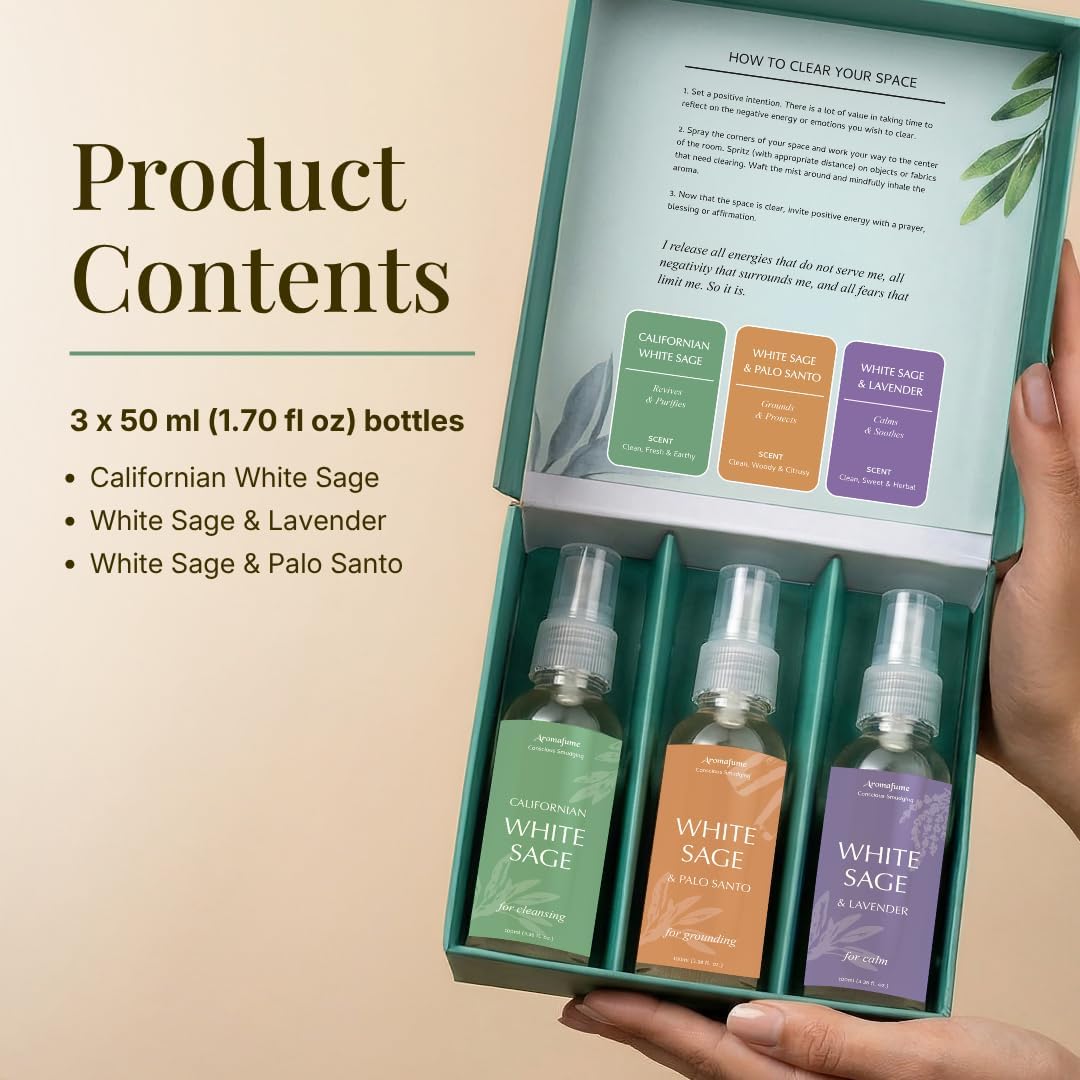 White Sage Smudge Spray Mist Gift Set by Aromafume | 3x50ml | White Sage with Lavender & Palo Santo | Air Freshener Sprays for Home, Fabric & Linen Mist | For Cleansing Negative Energy & Protection