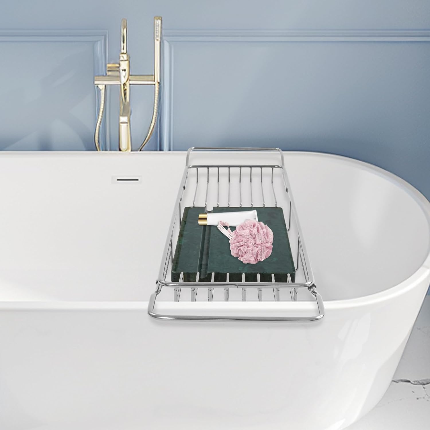 Expandable Stainless Steel Bathtub Caddy Tray, Adjustable Over Tub Rack Marble Board Anti-Slip Groove Raised Guardrail Modern Bath Organizer for Home Hotel Bathroom Use (Silver + Green)