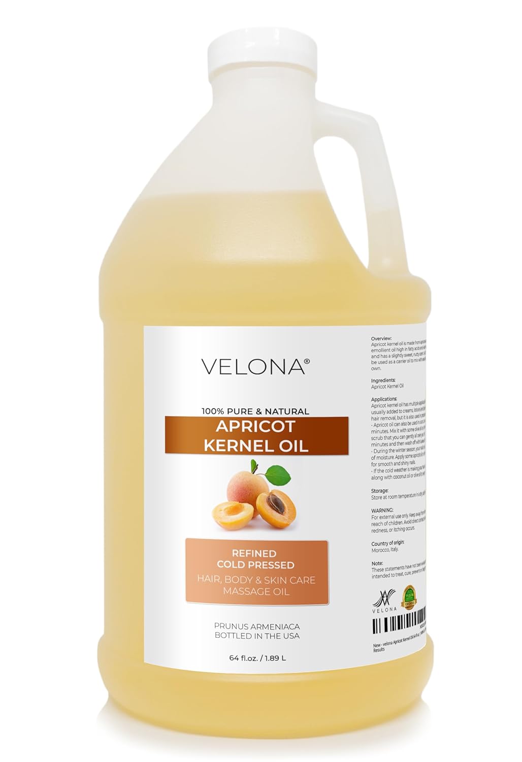 velona Apricot Kernel Oil 64 fl oz | 100% Pure and Natural Carrier Oil | Refined, Cold Pressed | Hair, Body and Skin Care | Use Today - Enjoy Results