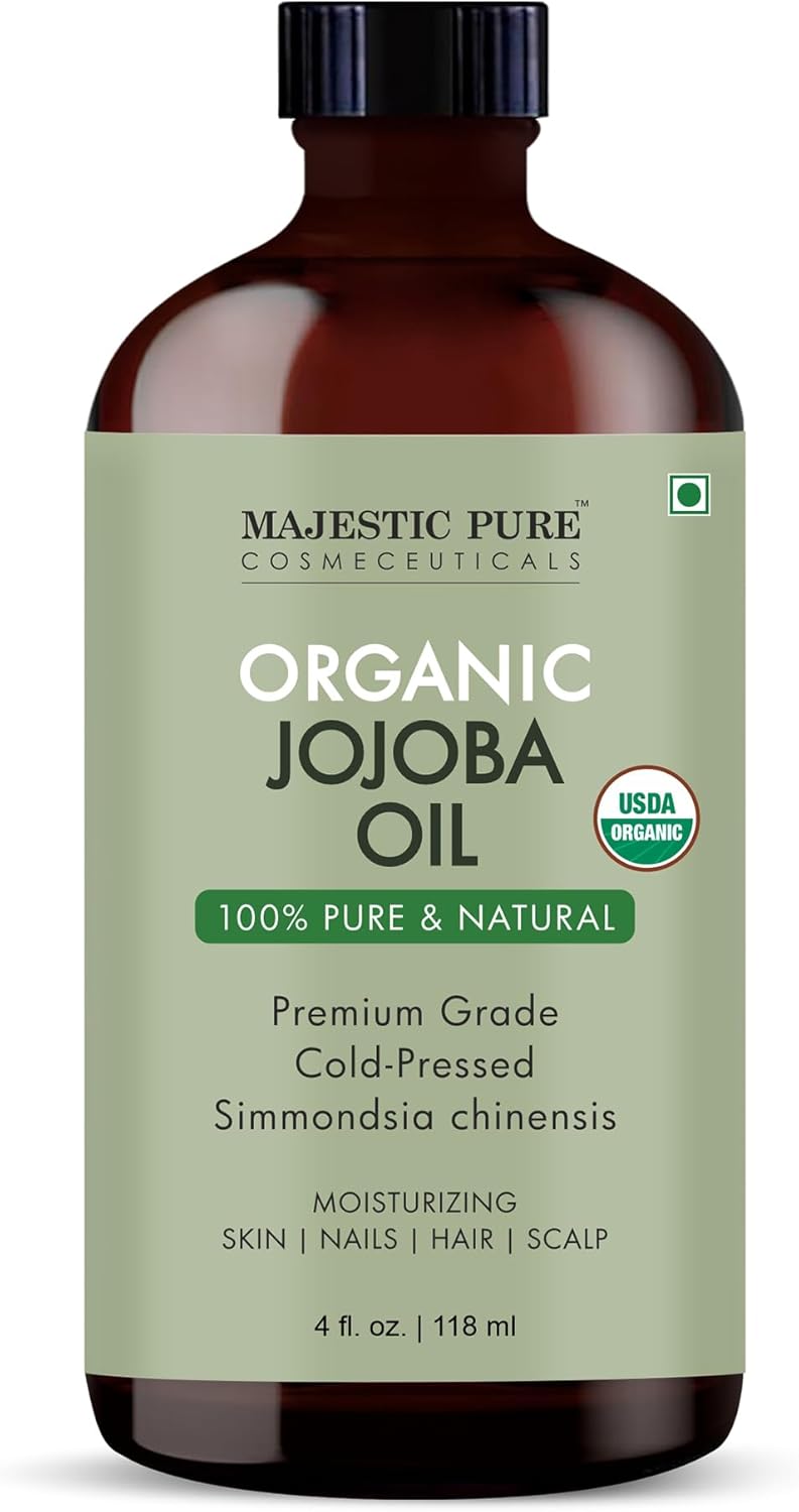 Majestic Pure Organic Jojoba Oil - 100% Pure & Natural - Premium Grade, Cold-Pressed, Hexane-Free Carrier Oil for Skin, Hair and Body - Moisturizing Skin, Hair and Scalp -4 Fl Oz