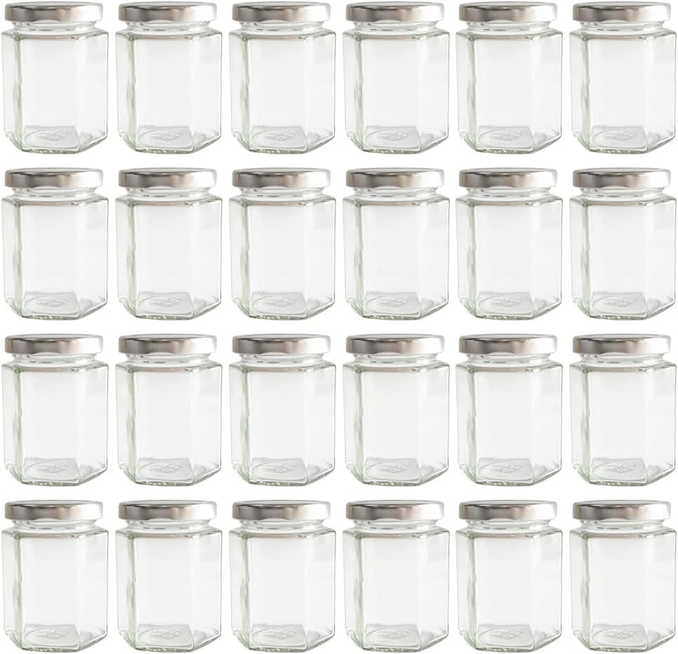 190ml 6oz Hexagon Glass Jars, Pack of 24 Sets With Silver Lids for Jam, Honey, Jelly, Candy, Candle, Wedding Favors, Baby Shower, Spice, Crafts, Party Favors, Samples
