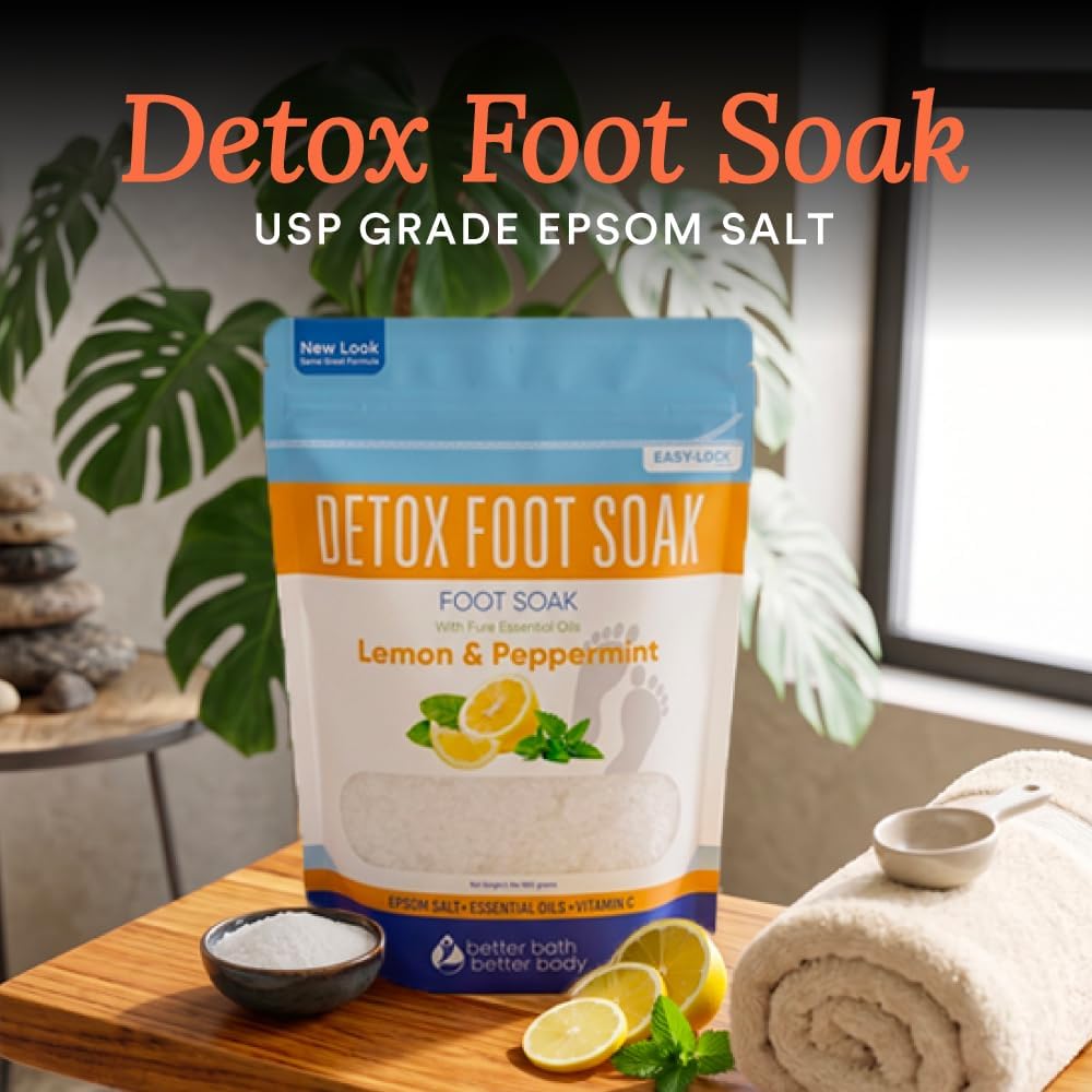 Detox Foot Soak Salts 32 Ounces with Lemon, Peppermint, Lavender Frankincense Essential Oils BPA Free Pouch with Easy Press-Lock Seal Soothe Athletes Foot, Soften Calluses, Relax Tired Feet