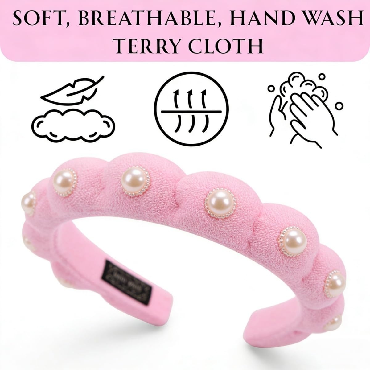 Pearl Rhinestone Headband for Women Girls Terry Cloth Spa Headband for Washing Face Makeup Skincare Puffy Head band (Pink)