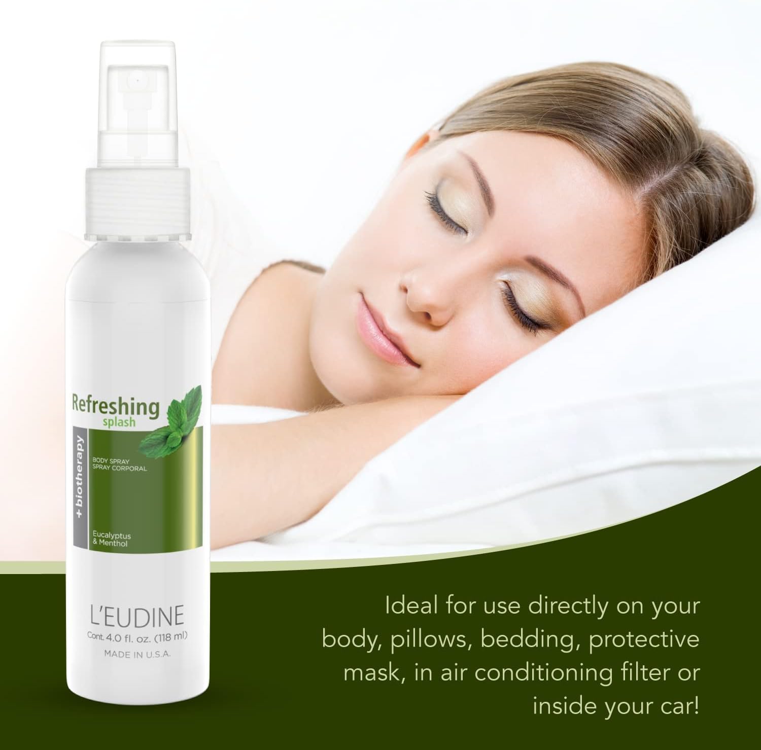 L’EUDINE Refreshing Splash - Pack of 3 - Air Freshener Spray – 4fl oz, Eucalyptus Spray for Body, Clothes, Bedding, Home, Car – Great for Blocked Airways, Nasal Congestion – Pleasant Menthol Notes
