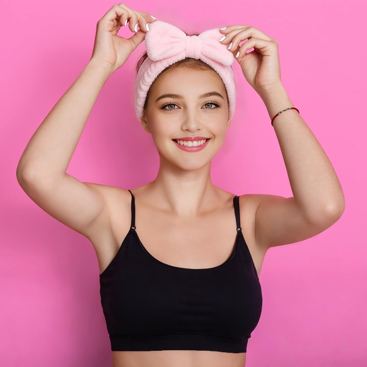 Headband for Washing Face, Spa Makeup Skincare Headbands for Women, 2pcs Bowknot Hair Bands (Black+Pink)