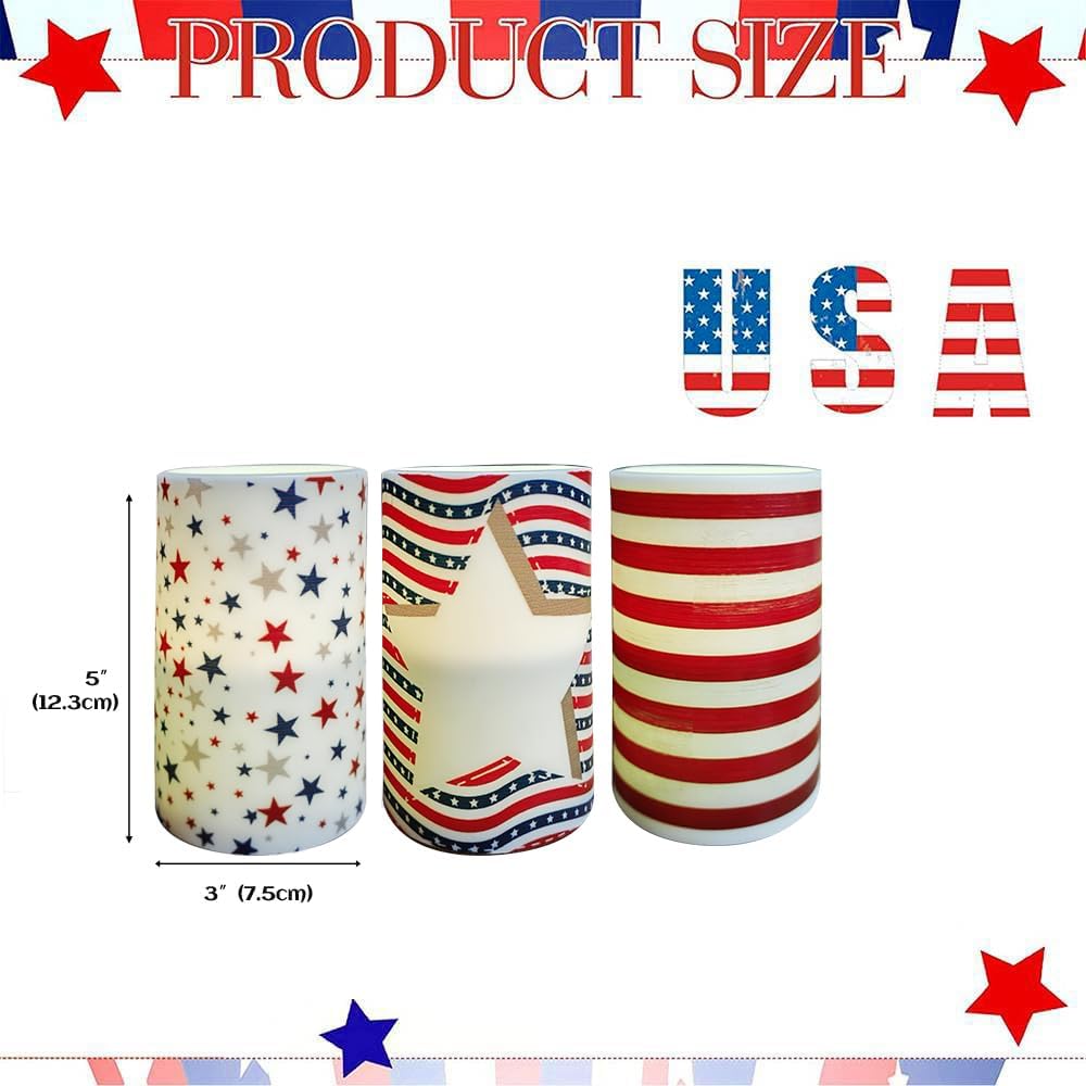Pack of 3 Patriotc American Flag Flameless LED Pillar Candle with Remote Control Battery Operated 4th of July Candles for Home Decor Dinner Table Centerpieces(American Flag)