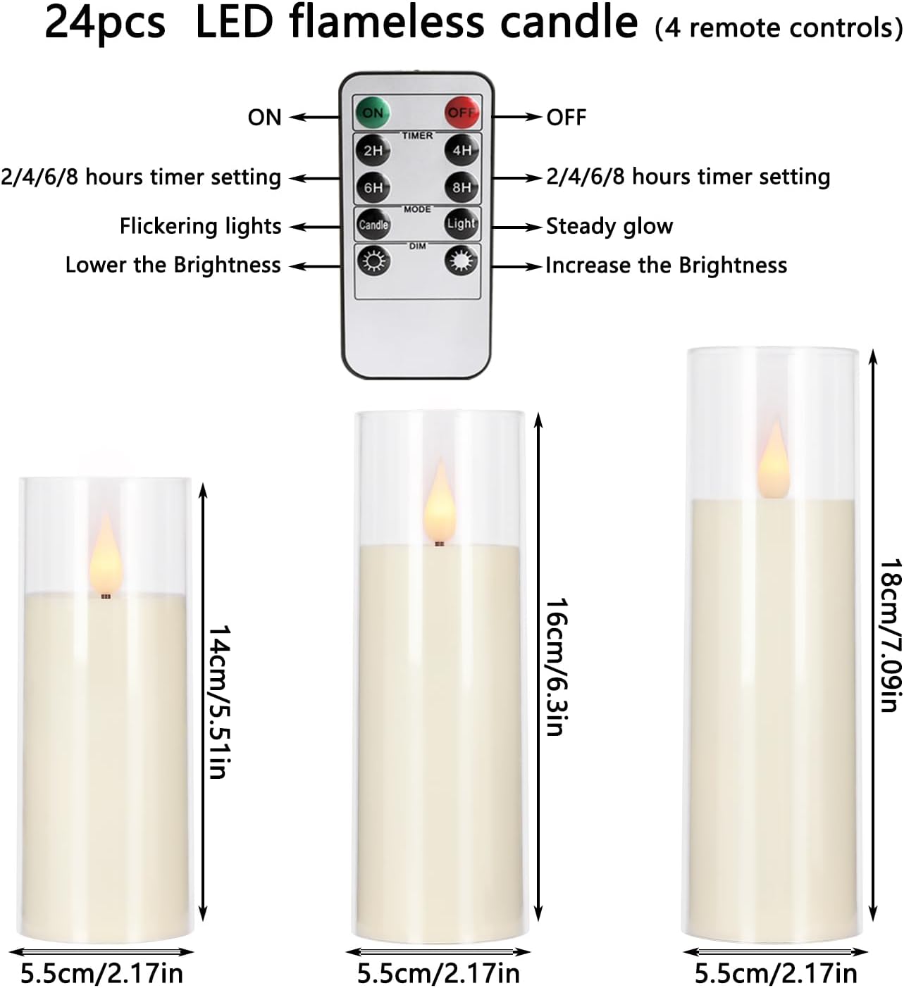 24-Pack LED Flameless Candles(14/16/18cm) with 4 Timers Remote - 3D Flickering Flame, Clear, Perfect Decor for Home & Events.