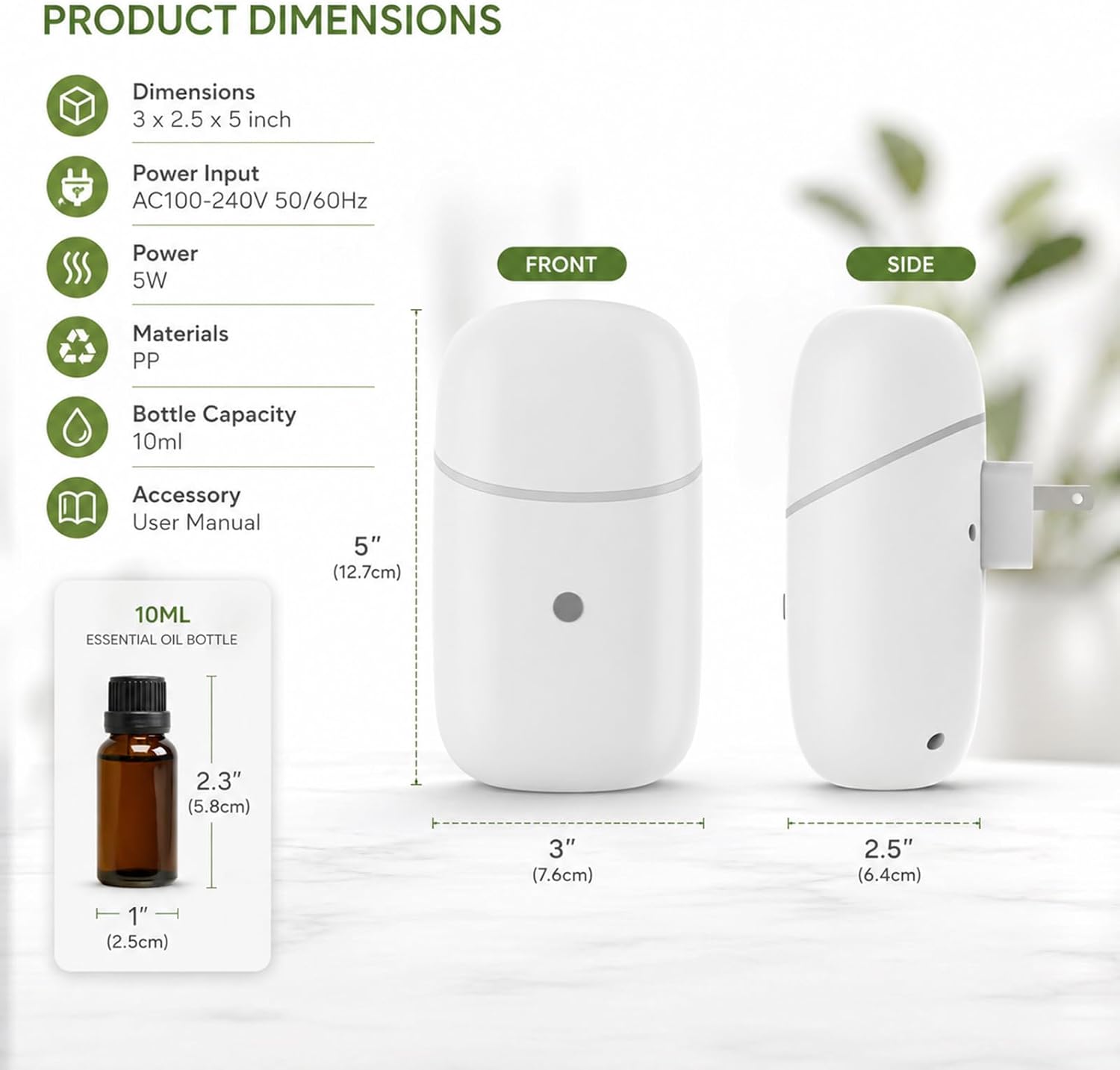 Waterless Essential Oil Diffuser, Cold Waterless Diffuser with Low/High Switch, Plug in Diffuser with Night Light, Quiet Wall Aromatherapy Diffuser for Home Living Room Bedroom Bathroom White