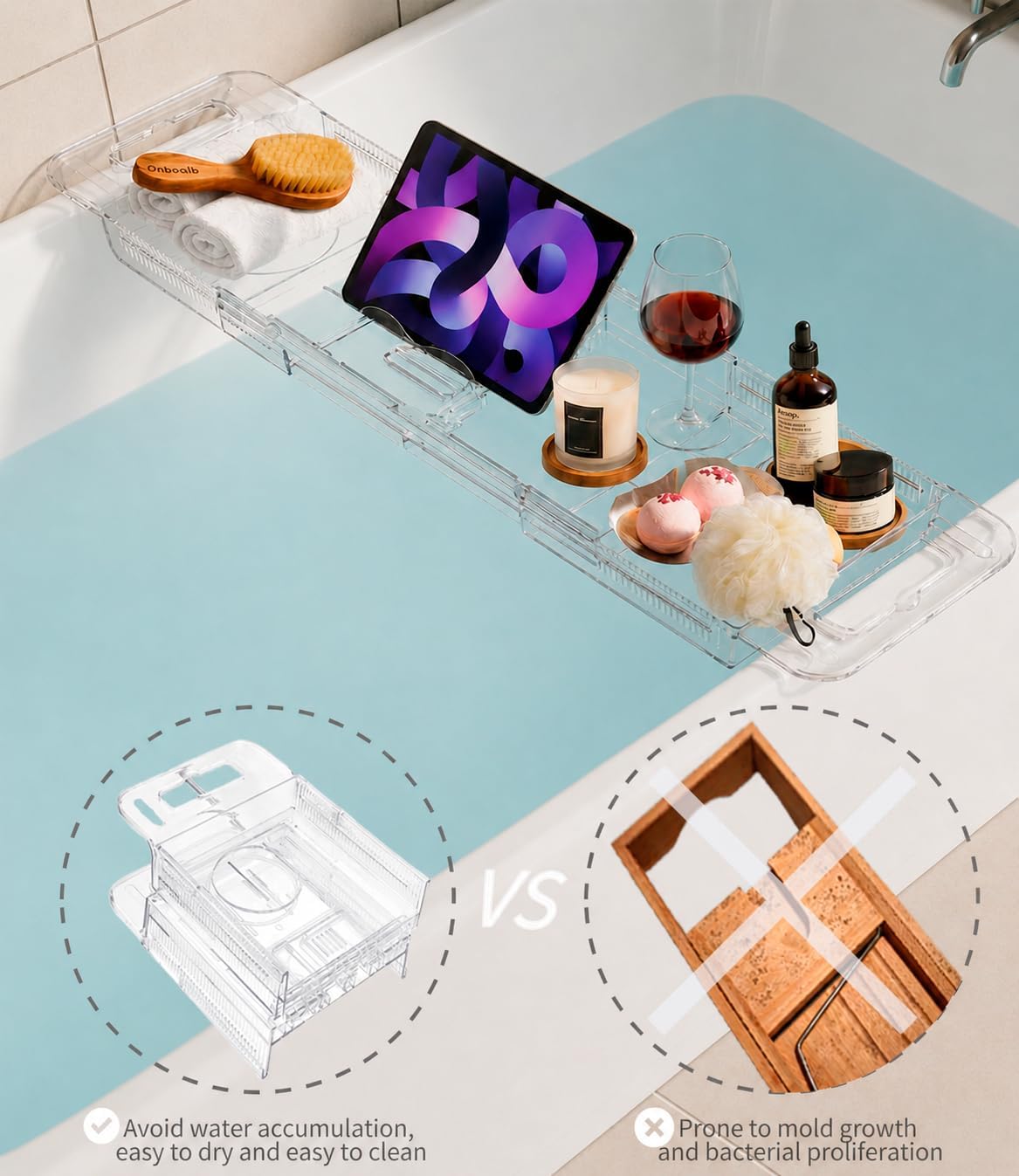 Bathtub Caddy Tray,Adjustable Bathtub Tray Table, Bath Organizer for Relaxing Spa-Features 2 Cup Holders, A Phone Stand with 5 Angle Adjustments,Non-Slip Silicone Pads,Won't Get Moldy,Easy to Clean.