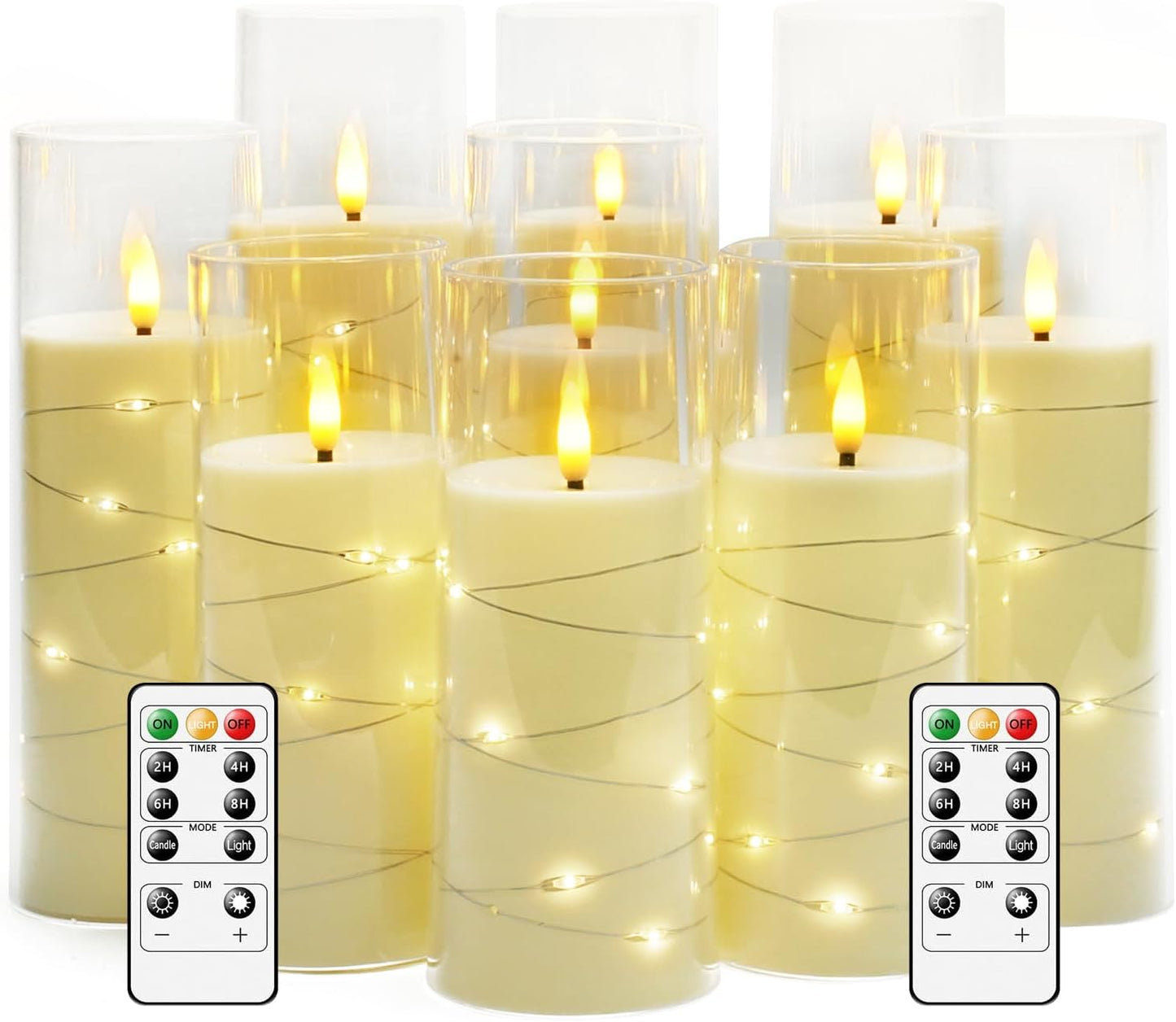kakoya Flameless LED Candles with Timer 9 Pc Flickering Flameless Candles for Romantic Ambiance and Home Decoration Stable Acrylic Shell,with Embedded Star String，Battery Operated Candles（Ivory）