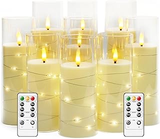 kakoya Flameless LED Candles with Timer 9 Pc Flickering Flameless Candles for Romantic Ambiance and Home Decoration Stable Acrylic Shell,with Embedded Star String，Battery Operated Candles（Ivory）