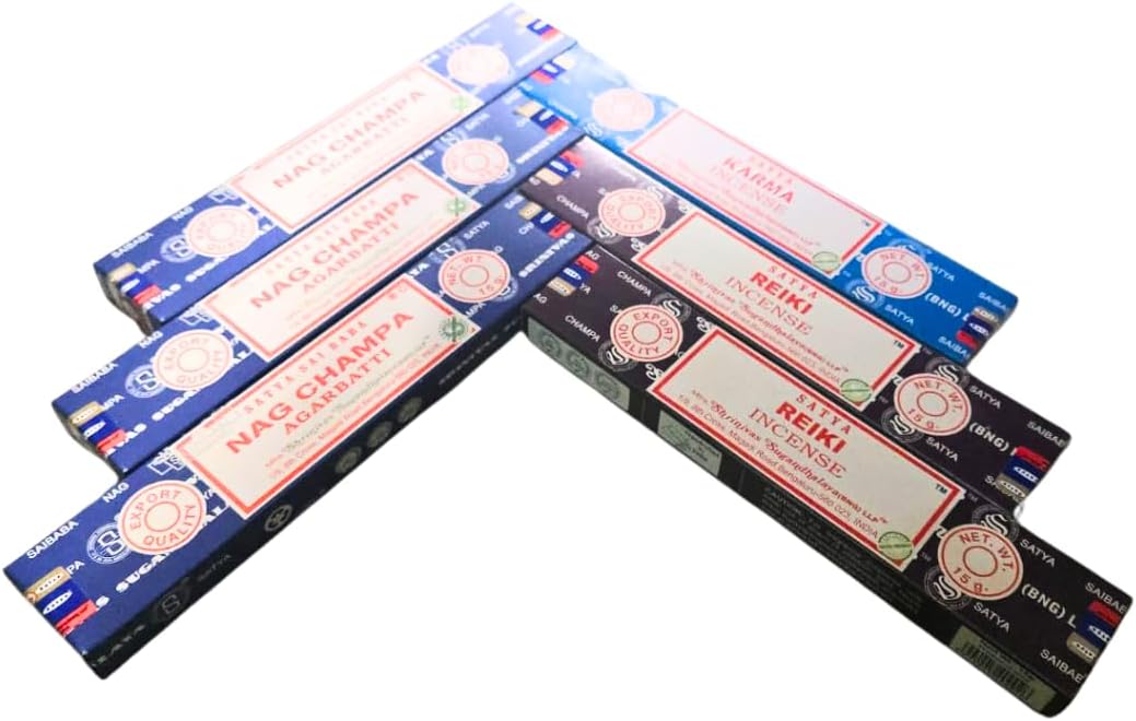 Satya with ANKCIENSE Incense Holder Pack of 3 fragrances Variety Pack of 90 Sticks. Nag Champa, Reiki & Karma Insense Insence
