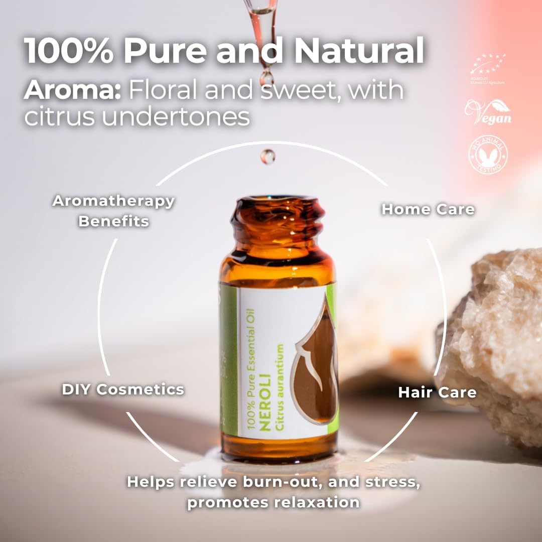 Essences Bulgaria Organic Neroli Essential Oil 0.1 Fl Oz | 3ml | Citrus aurantium | 100% Pure and Natural | Undiluted | Therapeutic Grade | Aromatherapy | Cosmetics | Cruelty Free | Non-GMO | Vegan