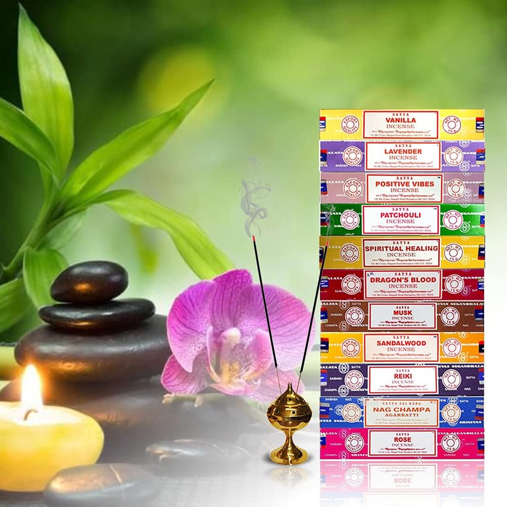 Generic Set of 15g Nag Champa, Lavender, Patchouli, Musk, Reiki, Rose, Positive Vibes, Spiritual Healing, Dragon Blood, Sandalwood, Vanilla + Free One Unit Satya Incense