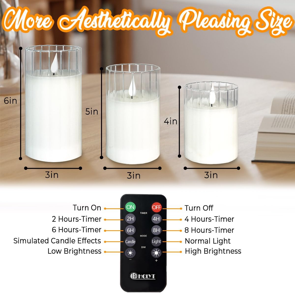 LEDHOLYT Rechargeable Flameless Glass Pillar Candles – Remote & Timer – Set of 3 White Stripes Realistic Flickering LED Light, Ideal for Living Room, Bedroom & Holiday Décor& Gifts for Women