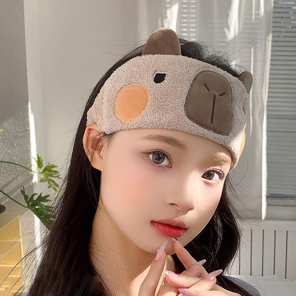 PERFECTSIGHT Kawaii Headband for Spa, Makeup, Washing Face, Party - 2 Pack Cute Hair Band for Shower Beauty Skincare, Soft Facial Headbands for Girls and Women (Brown+Pink Capybara)