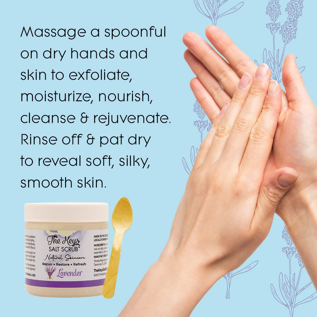The Keys Salt Scrub - Lavender Sea Salt Scrub - Exfoliating Body Scrub with Wooden Spoon - Moisturizing Exfoliator for Face, Hands, Foot, Bath, Manicure & Pedicure, and Bikini Area Skin Care (3.4 oz.)