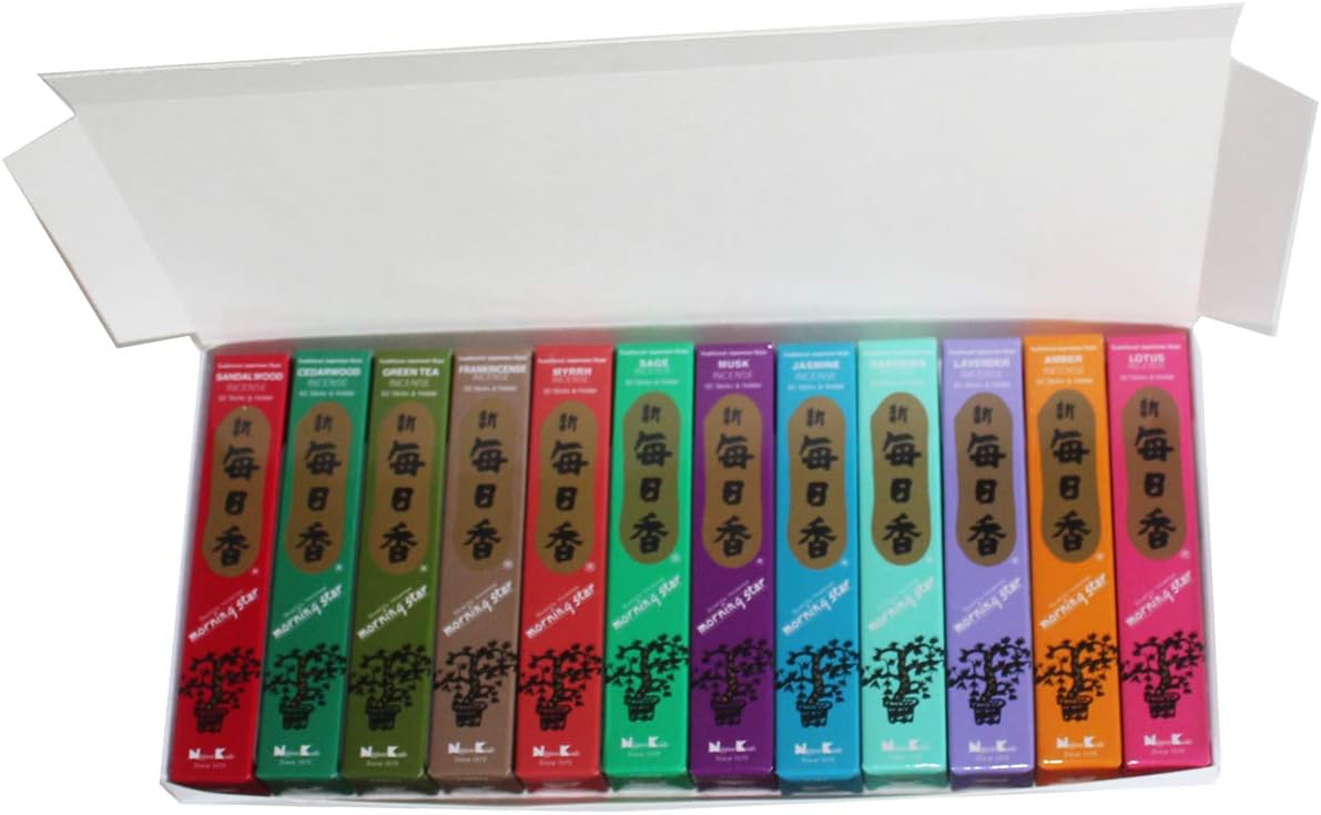 Morning Star Nippon Kodo Incense - 12 Fragrance Assortment (Total 12x50, 600 Sticks) - Sandalwood, Cedarwood, Green Tea, Frankincense, Myrrh, Sage, Musk, Jasmine, Gardenia, Lavender, Amber, Lotus
