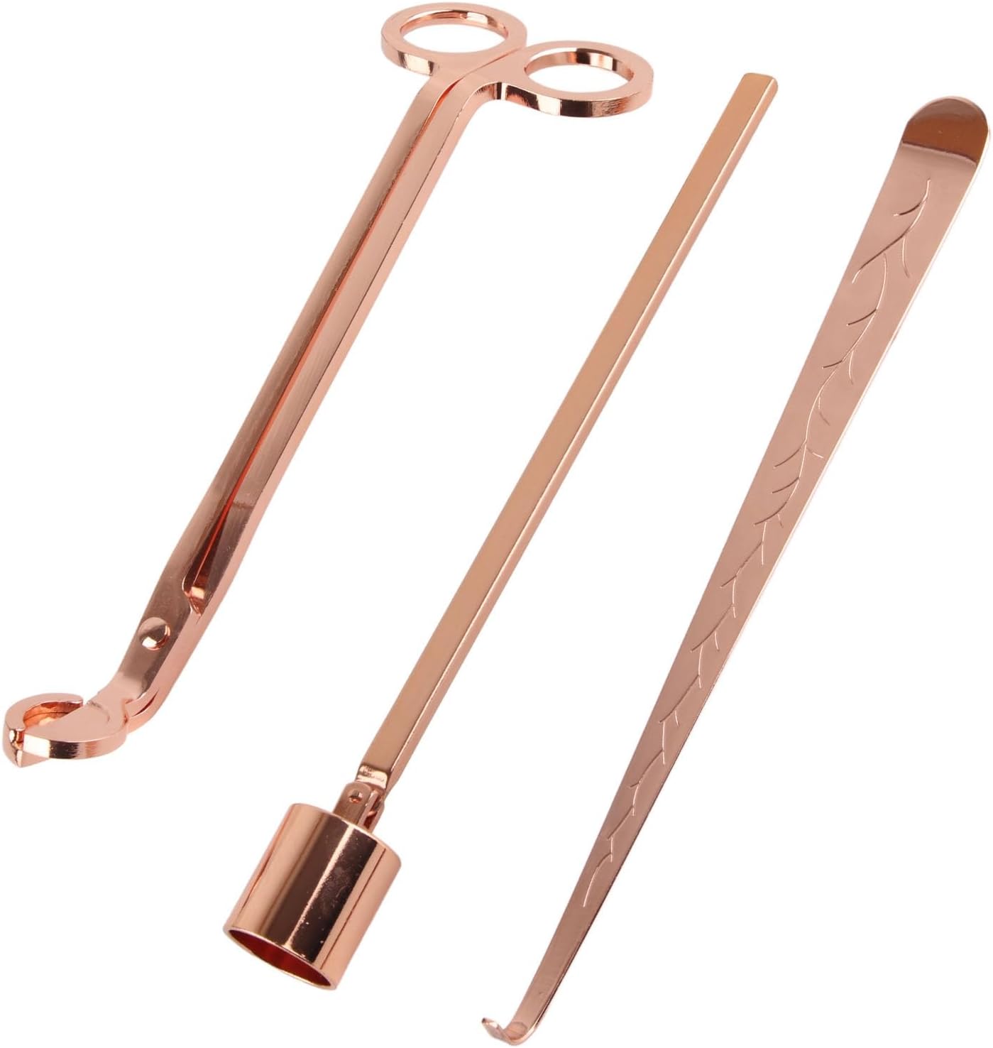 Rose Gold Candle Wick Trimmer Set, Stainless Steel Cutter, Wick Snuffer, Dipper, Bell Snuffer with Elegant Carving for Home Decor and Candle Lovers