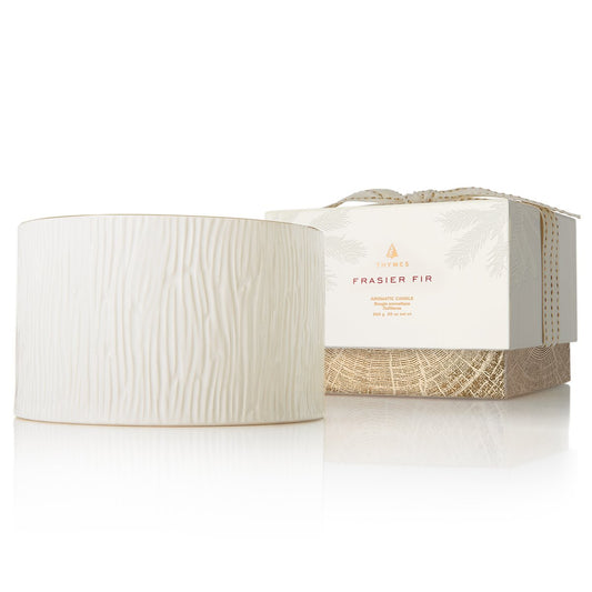 Thymes Frasier Fir Candle - Gilded Collection - Wood Grain Ceramic Design with 24-Karate Gold Rim - Mountain Fresh Fragrance