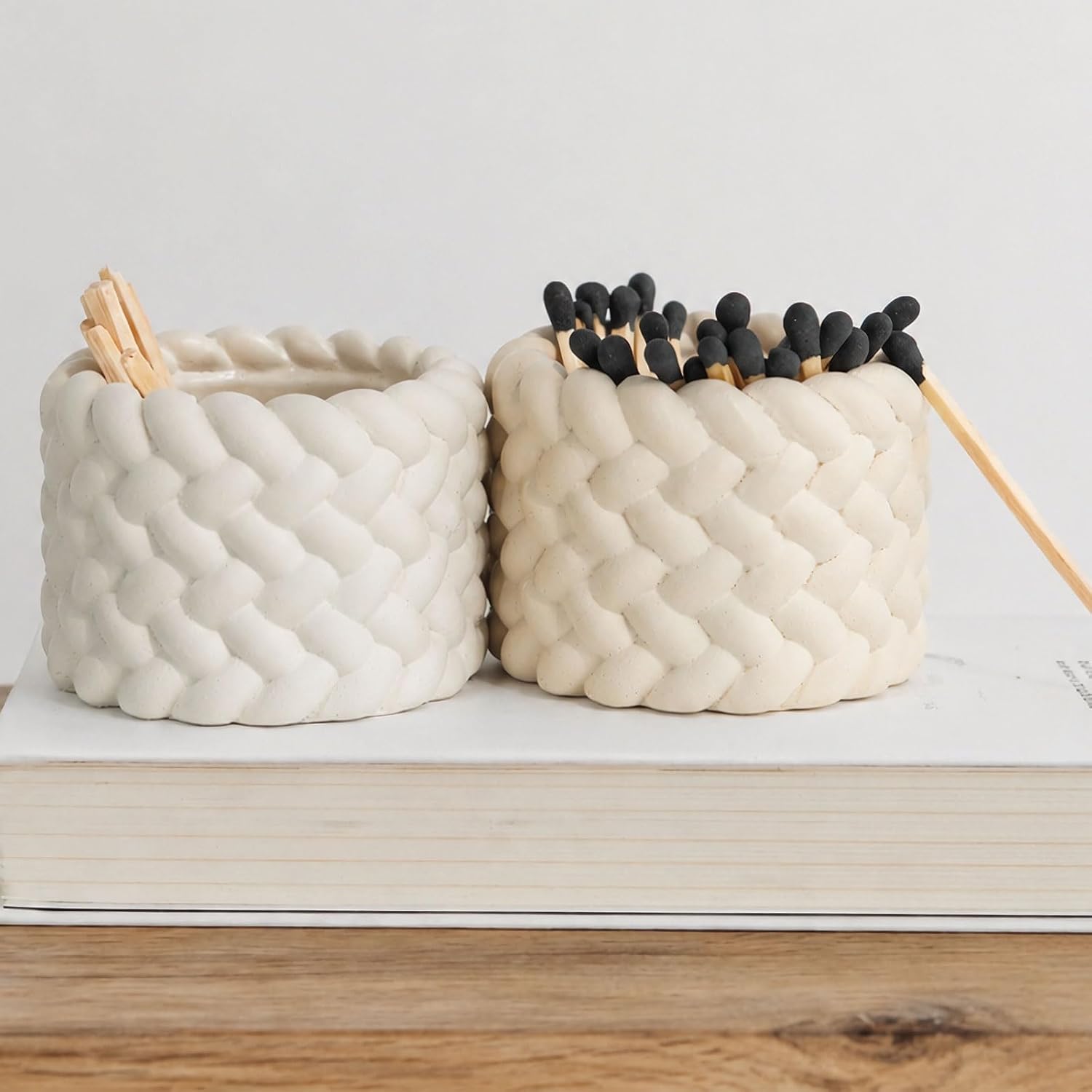 Concrete Match Holder with Striker Set of 2-Elegant Decorative Match in Jar-for Cute/Fancy/Mini Candle Matches,Refresh Any Modern Home Decor with Premium Jar Set 2（No Matches）