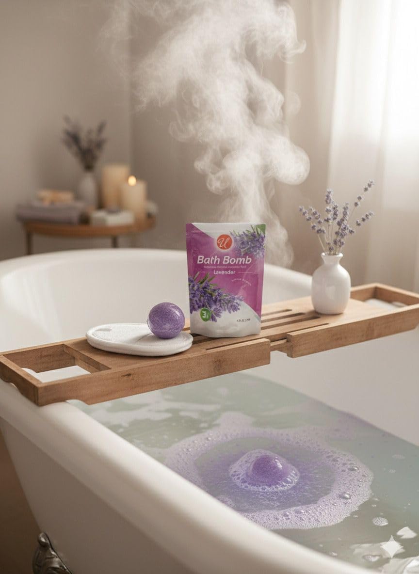 Lavender Bath Bombs 3 Pack with Exfoliating Sponge, Relaxing Aromatherapy Fizz for Men and Women, Spa Gift Set for Self Care, Skin Softening Essentials for Stress Relief and Home Bath Relaxation