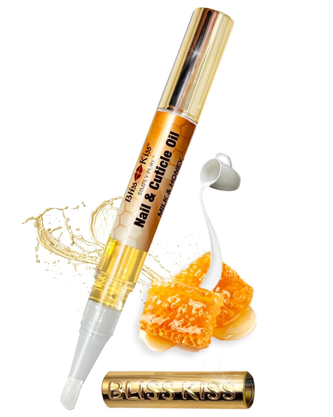 Bliss Kiss | 1 Milk & Honey | Nail Oil Cuticle Pen w/Vitamin E & Jojoba⏤Nail Strengthener Nail Growth Serum for Brittle Peeling Breaking Thin Nails