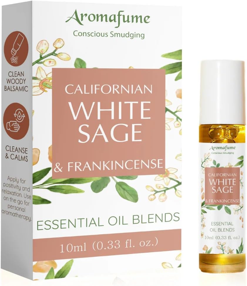 White Sage & Frankincense Essential Oil Roll-On Blend by Aromafume | 10ml/0.33 fl oz | Aromatherapy Oil for Cleansing Negative Energy & Protection | Ethically sourced | Sage Oil for Smokeless Smudging
