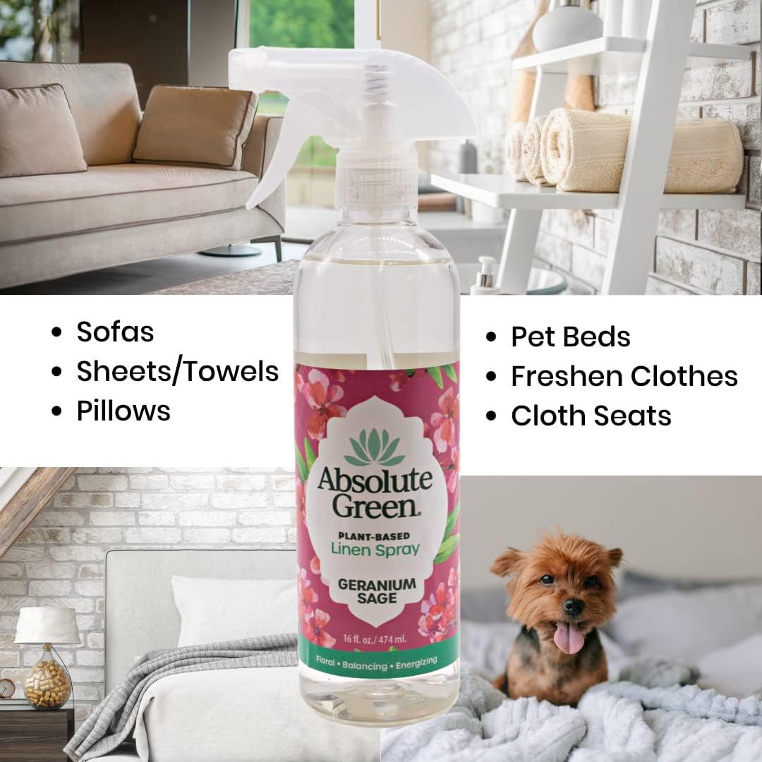 Absolute Green Linen and Fabric Spray, Fabric Freshener, Sheets, Towels, Sofa, Pet Safe, Geranium Sage Scent, 16 oz