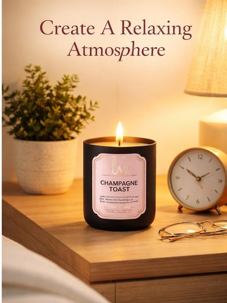 Soy Wax Candle, Black with Gold Lid, 14.5 oz, Premium Fragrance Long Lasting Candle (Champagne Toast)