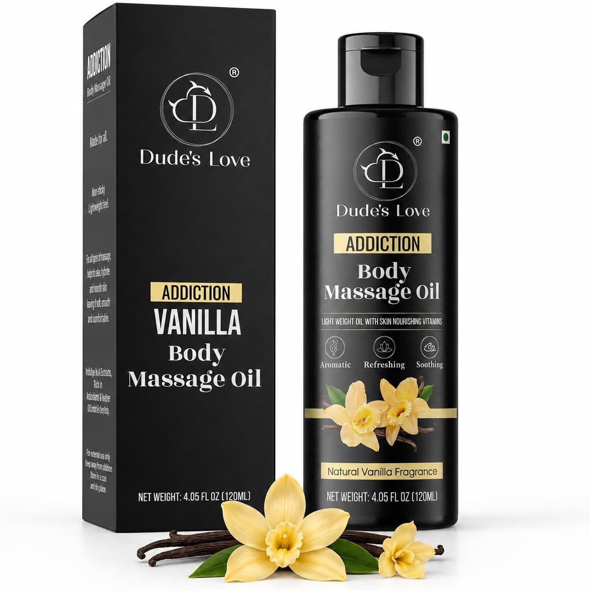 Vanilla Body Massage Oil Organic Non-Sticky Formula with Fractionated Coconut Oil, Vanilla & Jasmine Oil -Light Moisturizing Massage Therapy - 4.05 Fl Oz