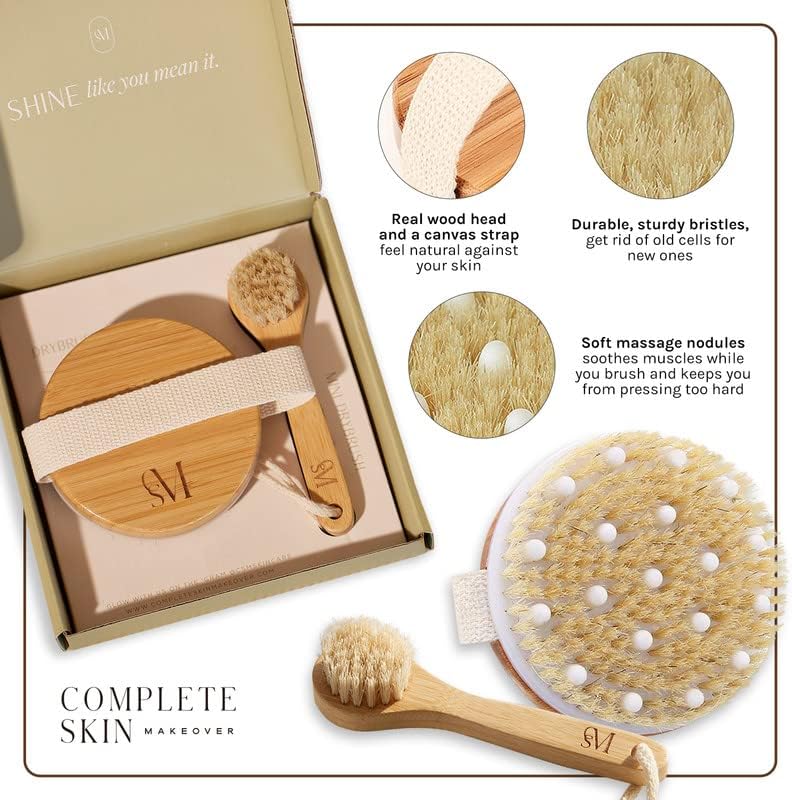 CSM Dry Brushing Body and Face Brushes for Lymphatic Drainage - Natural Boar Bristle Exfoliating Brushes with Face Brush for Cellulite, Circulation & Glowing Skin (2, Brush Set)
