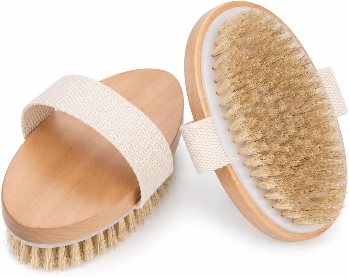 OPAZ Dry Body Brush 2 Pack, Natural Boar Bristle Exfoliating Body Brush for Dry Brushing, Handheld Shower Brush Scrubber with Wooden Handle & Cotton Strap, Skin Exfoliator Brush for Women and Men