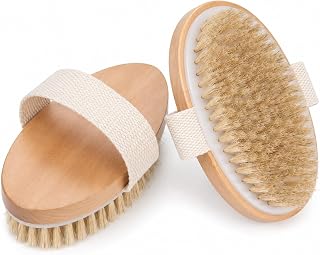 OPAZ Dry Body Brush 2 Pack, Natural Boar Bristle Exfoliating Body Brush for Dry Brushing, Handheld Shower Brush Scrubber with Wooden Handle & Cotton Strap, Skin Exfoliator Brush for Women and Men