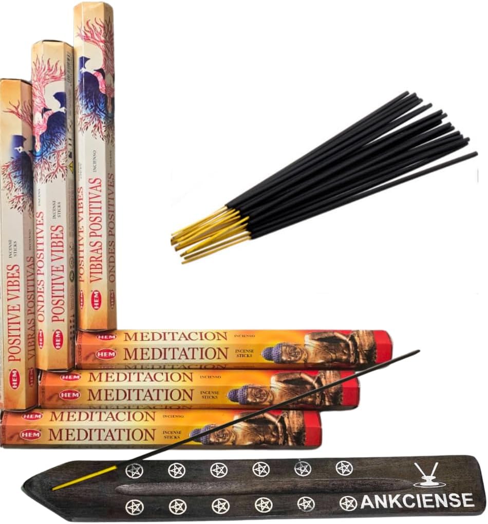 Sandalwood & Vanilla Incense from Hem Bundled with ANKCIENSE Incense Holder Bundle, Variety Pack of 120 Sticks (Positive Vibes & Meditation)